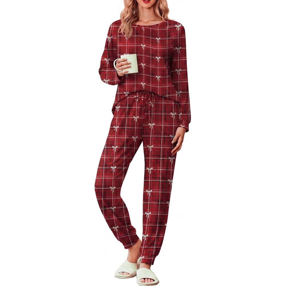 image:imageEkouaer Pajamas for Women Set Soft Lounge Sets 2 Piece Pj Sets with PocketsRed Plaid Bow