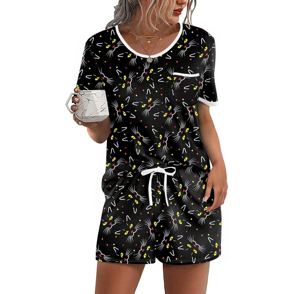 image:imageEkouaer Pajamas for Womens Set 2 Piece Soft Sleepwear Chest PocketBlack Cat1