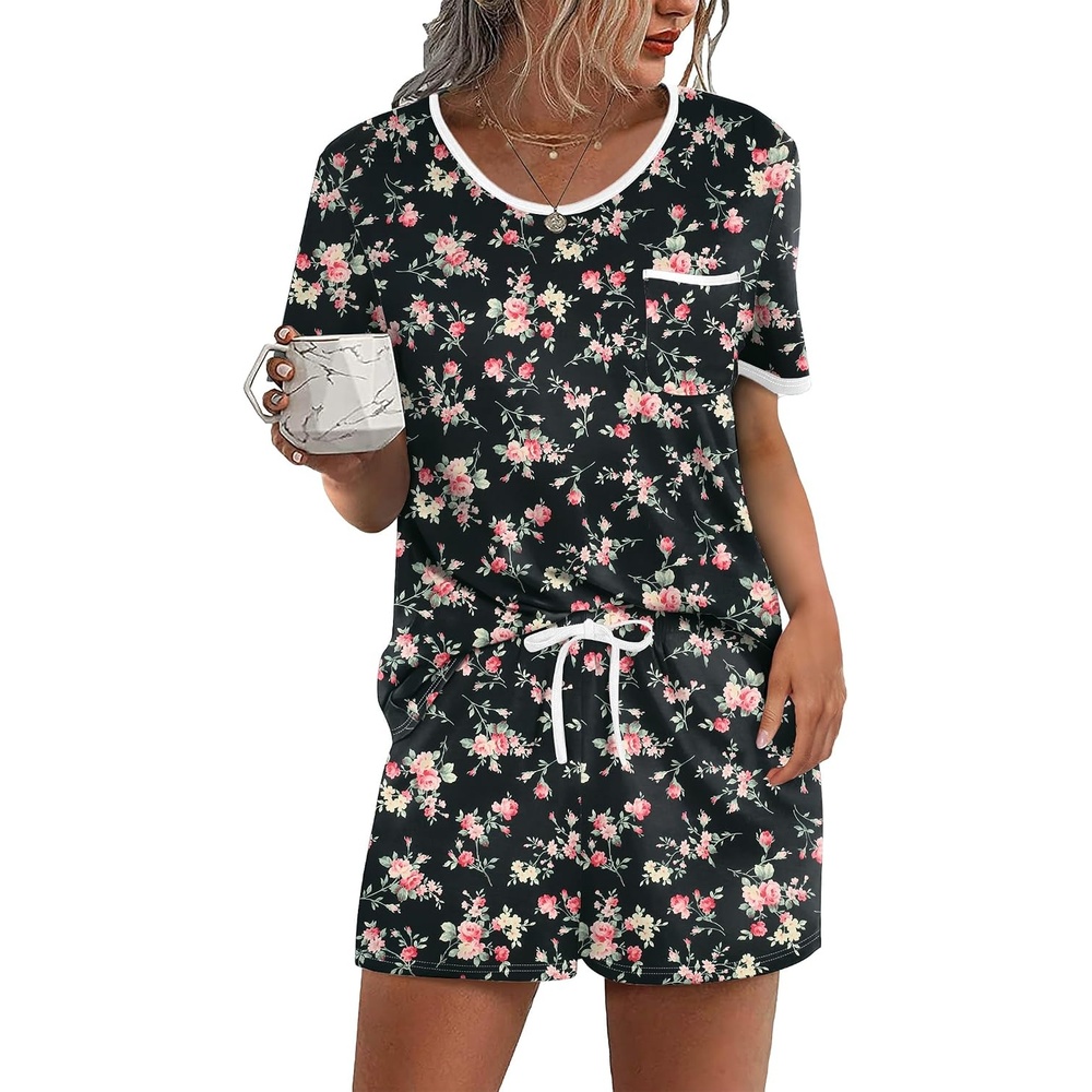 image:imageEkouaer Pajamas for Womens Set 2 Piece Soft Sleepwear Chest PocketBlack Flower