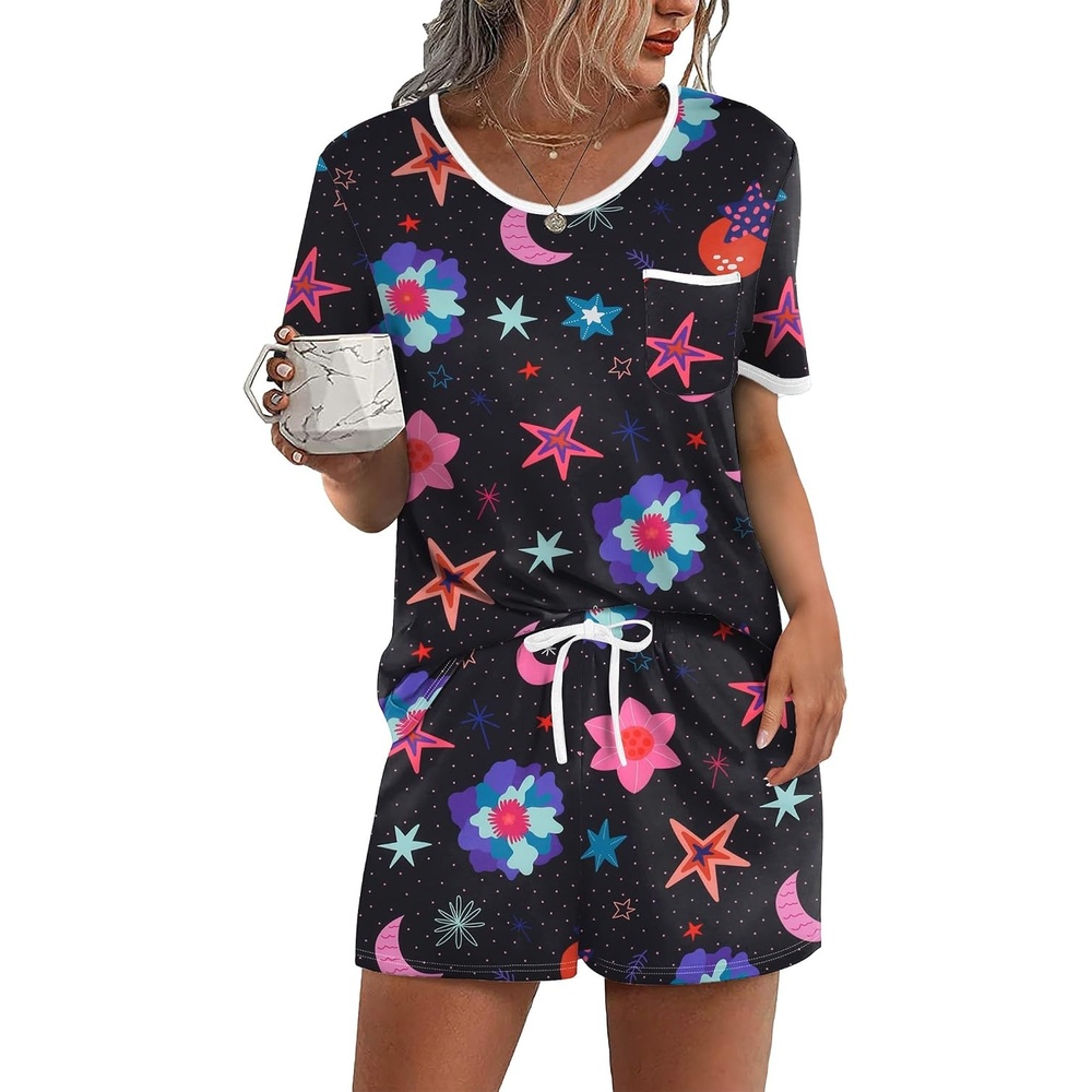 image:imageEkouaer Pajamas for Womens Set 2 Piece Soft Sleepwear Chest PocketBlack Star Sky