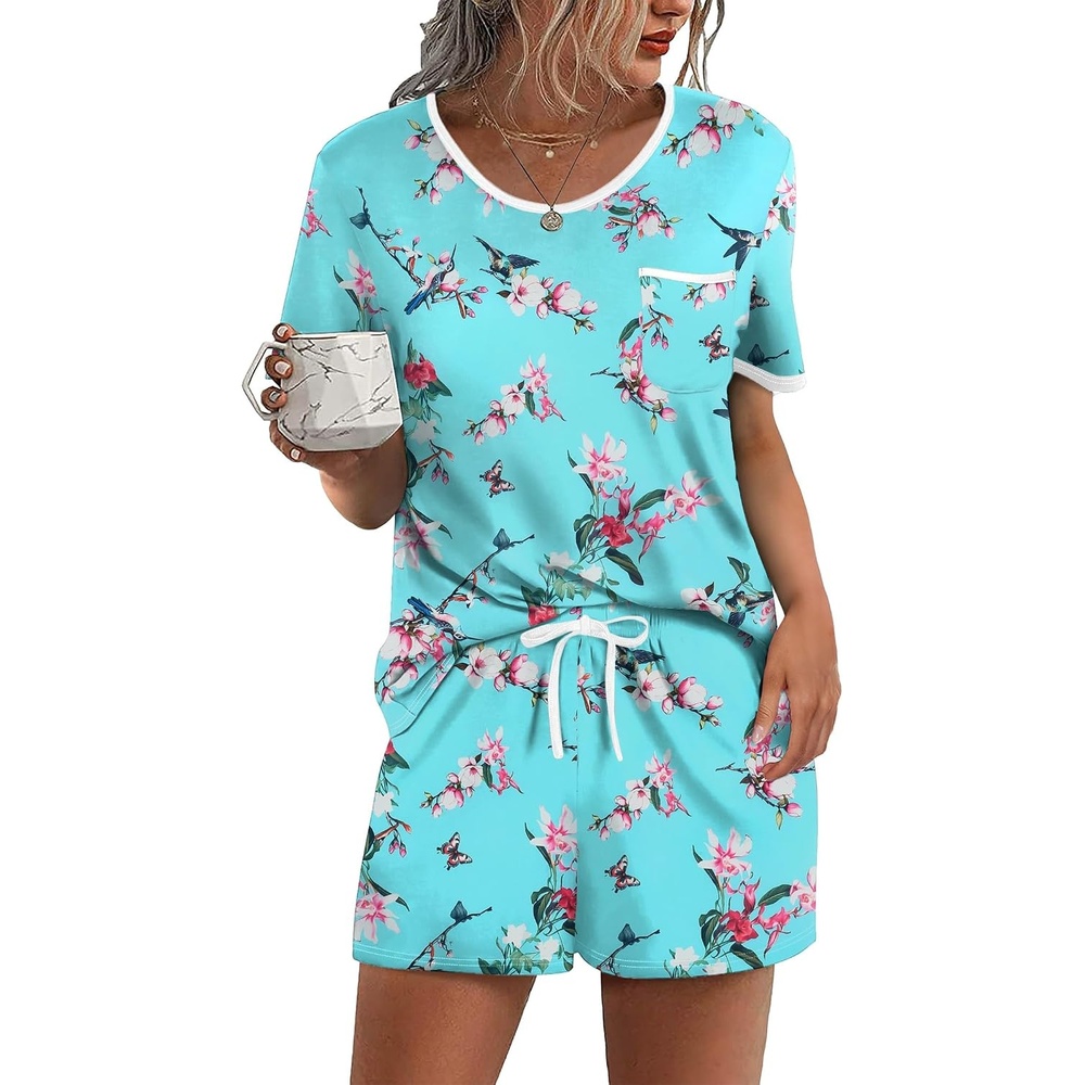 image:imageEkouaer Pajamas for Womens Set 2 Piece Soft Sleepwear Chest PocketBlue Flower