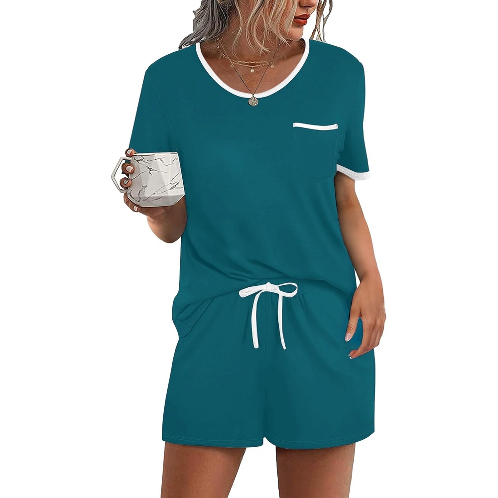 image:imageEkouaer Pajamas for Womens Set 2 Piece Soft Sleepwear Chest PocketBlue Green