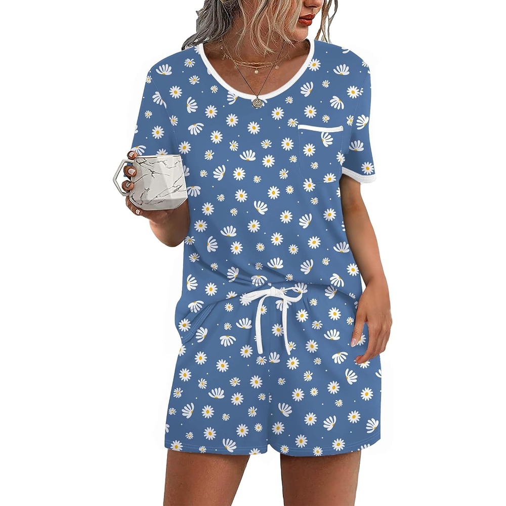 image:imageEkouaer Pajamas for Womens Set 2 Piece Soft Sleepwear Chest PocketBluedot White Flower
