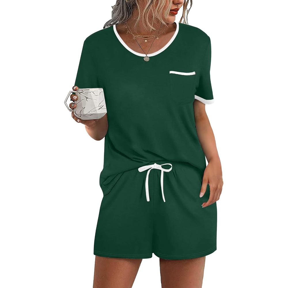 image:imageEkouaer Pajamas for Womens Set 2 Piece Soft Sleepwear Chest PocketDark Green