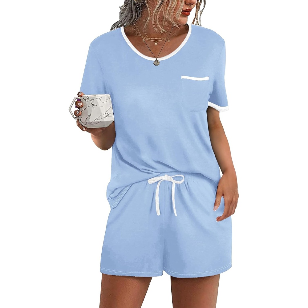 image:imageEkouaer Pajamas for Womens Set 2 Piece Soft Sleepwear Chest PocketLight Blue