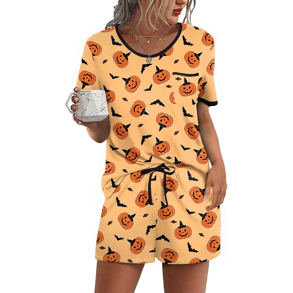 image:imageEkouaer Pajamas for Womens Set 2 Piece Soft Sleepwear Chest PocketOrange Pumpkinhalloween