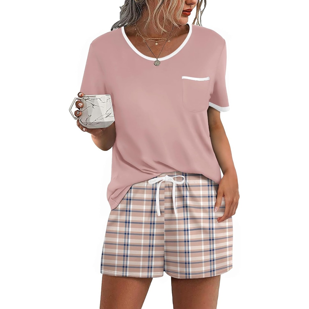 image:imageEkouaer Pajamas for Womens Set 2 Piece Soft Sleepwear Chest PocketPink Plaid