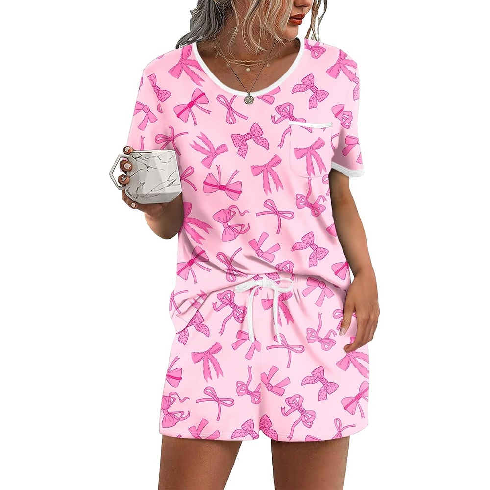 image:imageEkouaer Pajamas for Womens Set 2 Piece Soft Sleepwear Chest PocketPinkbow