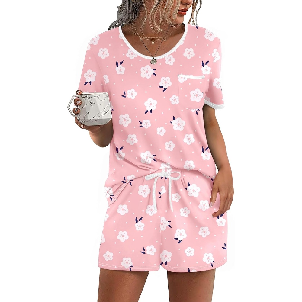 image:imageEkouaer Pajamas for Womens Set 2 Piece Soft Sleepwear Chest PocketPinkwhite Flower
