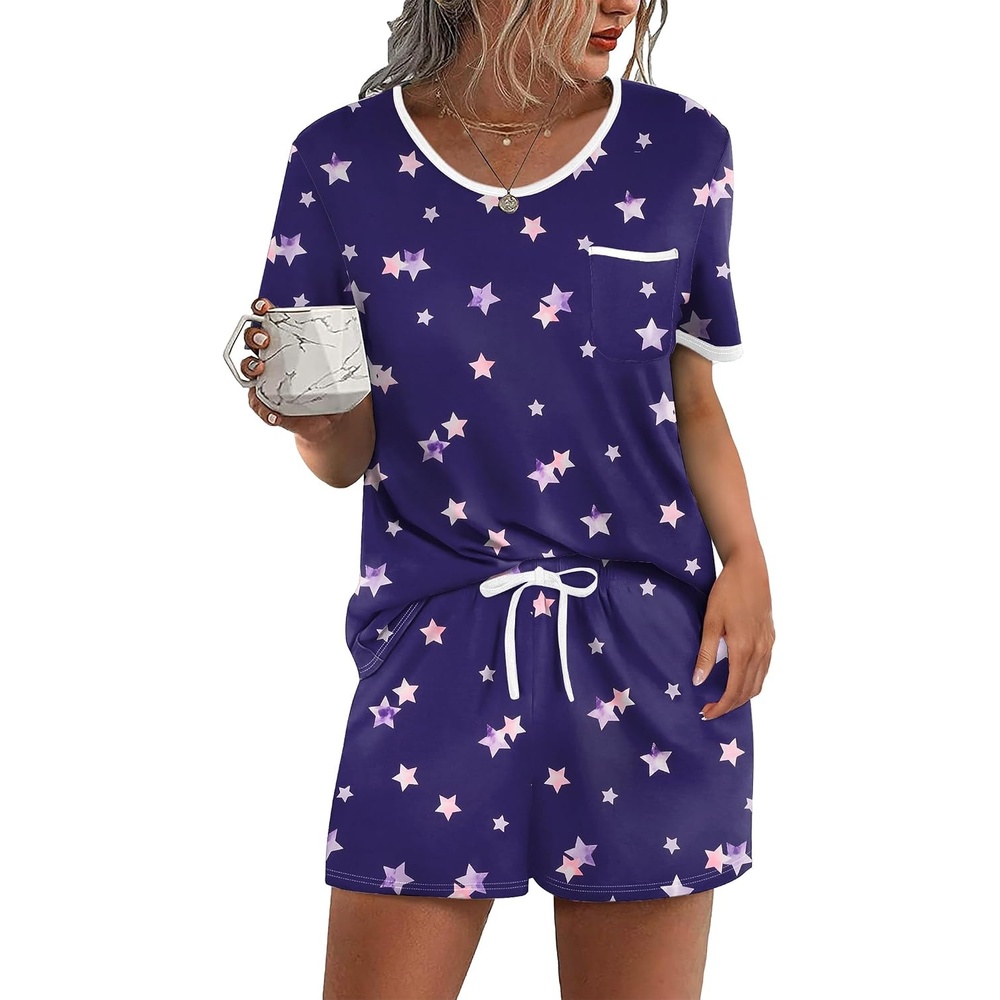 image:imageEkouaer Pajamas for Womens Set 2 Piece Soft Sleepwear Chest PocketPurple Stars