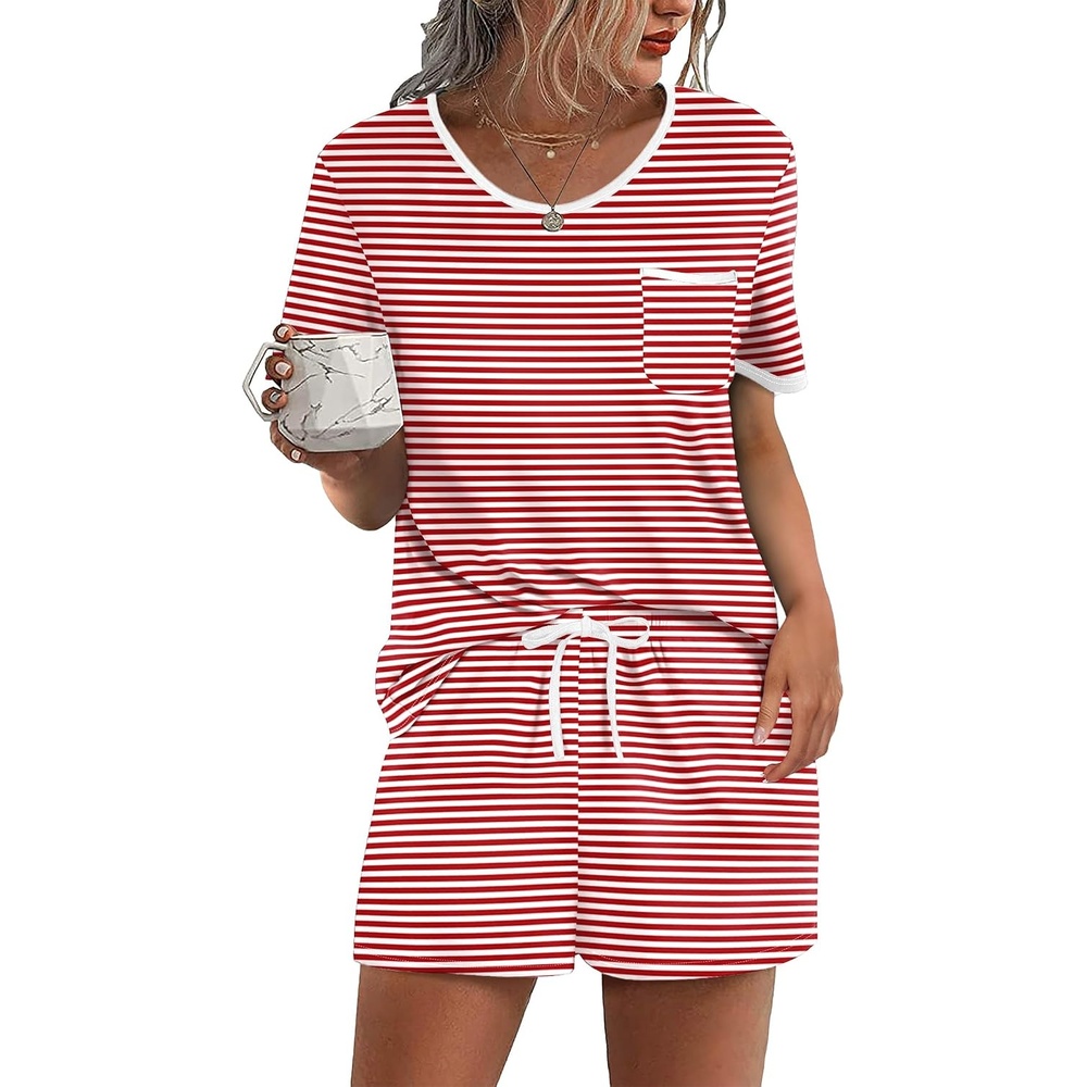 image:imageEkouaer Pajamas for Womens Set 2 Piece Soft Sleepwear Chest PocketRed White Stripe