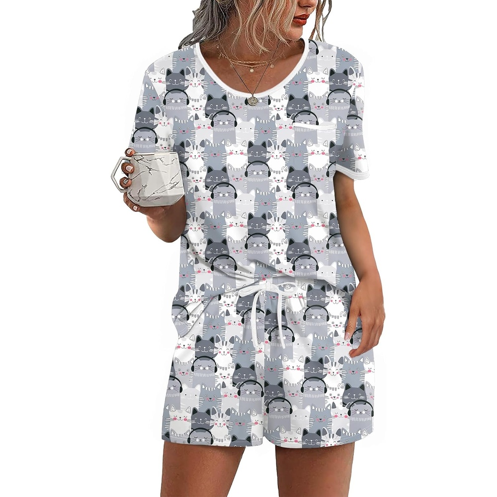 image:imageEkouaer Pajamas for Womens Set 2 Piece Soft Sleepwear Chest PocketWhitegray Cats