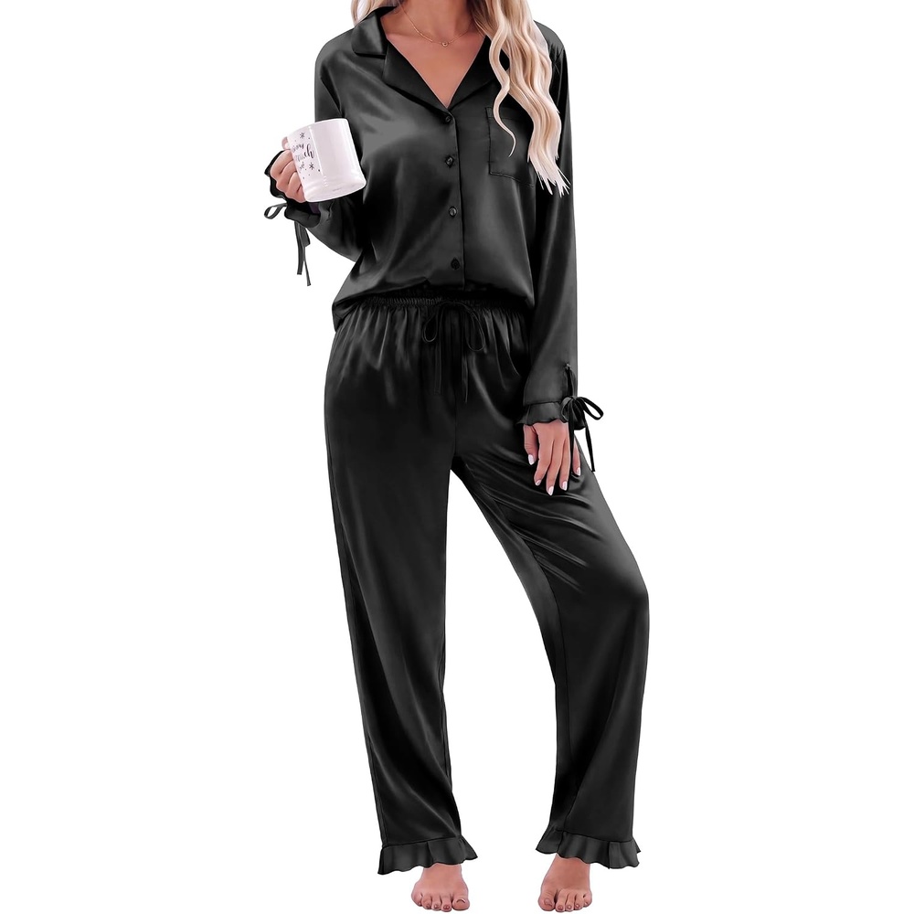 image:imageEkouaer Satin Pajamas for Women Silky Long Sleeve Button Down Pajama SetsBlack