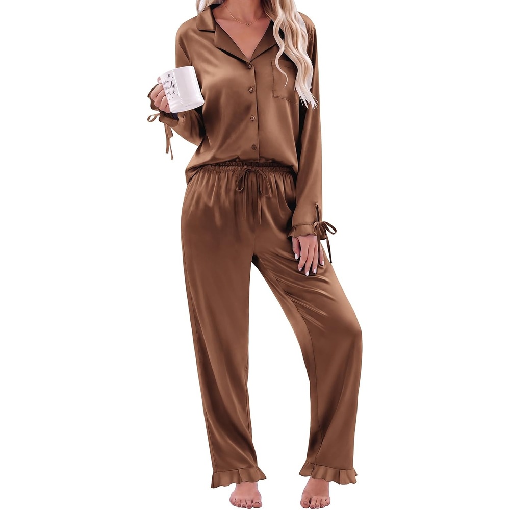 image:imageEkouaer Satin Pajamas for Women Silky Long Sleeve Button Down Pajama SetsBrown