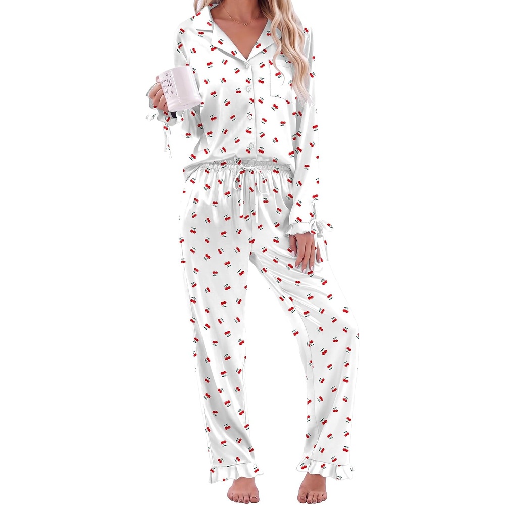 image:imageEkouaer Satin Pajamas for Women Silky Long Sleeve Button Down Pajama SetsCherry