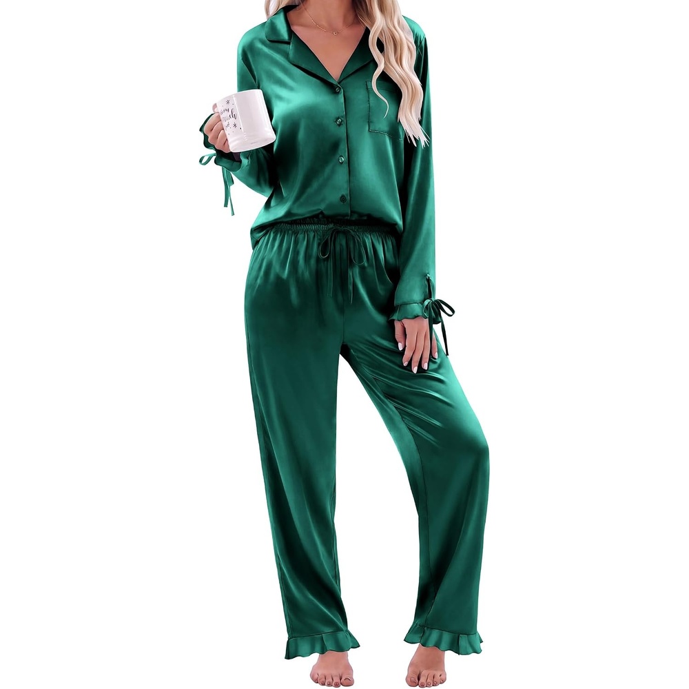 image:imageEkouaer Satin Pajamas for Women Silky Long Sleeve Button Down Pajama SetsGreen