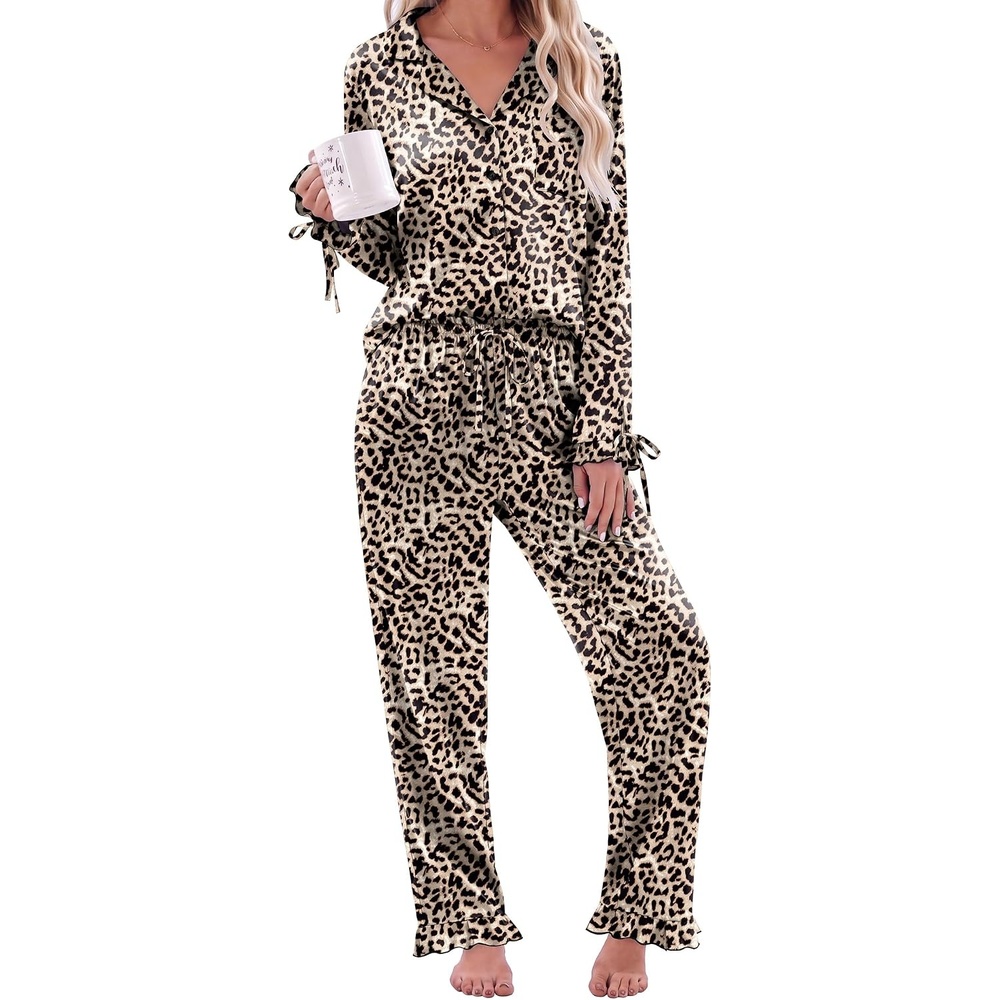 image:imageEkouaer Satin Pajamas for Women Silky Long Sleeve Button Down Pajama SetsLeopard
