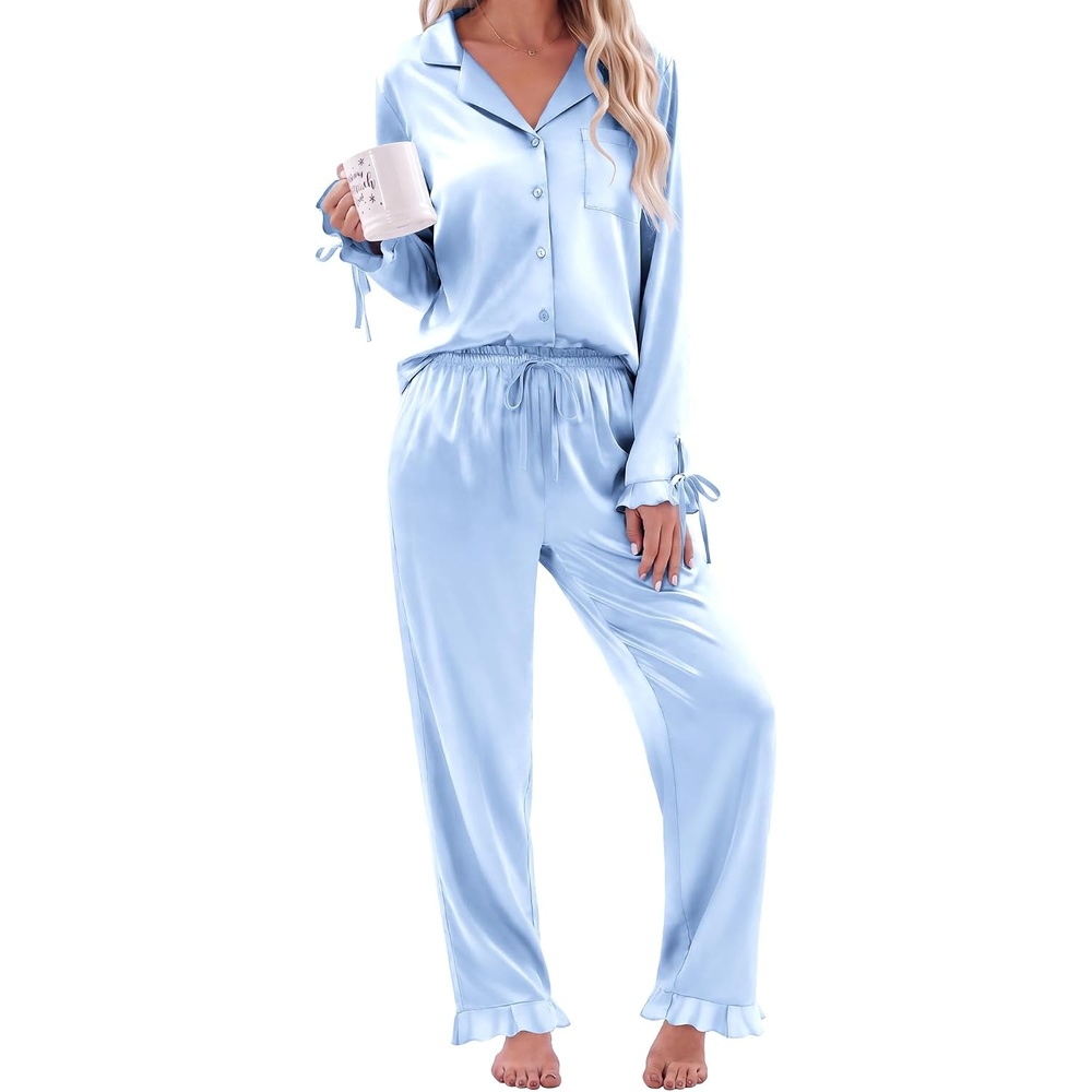 image:imageEkouaer Satin Pajamas for Women Silky Long Sleeve Button Down Pajama SetsLight Blue