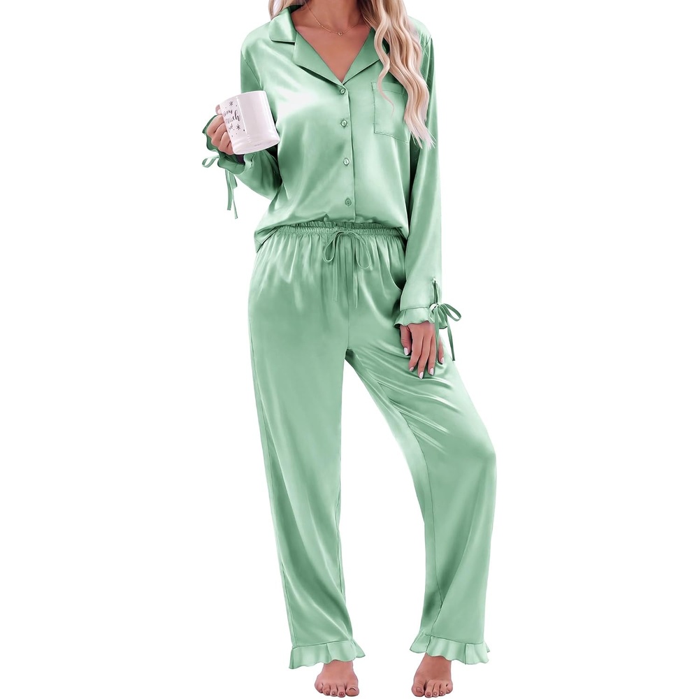 image:imageEkouaer Satin Pajamas for Women Silky Long Sleeve Button Down Pajama SetsLight Green