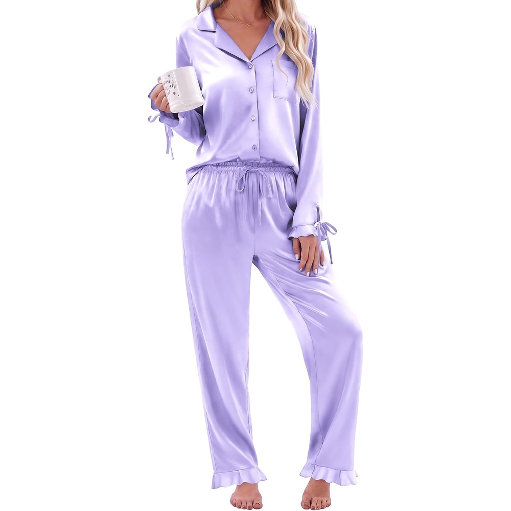 image:imageEkouaer Satin Pajamas for Women Silky Long Sleeve Button Down Pajama SetsLight Purple
