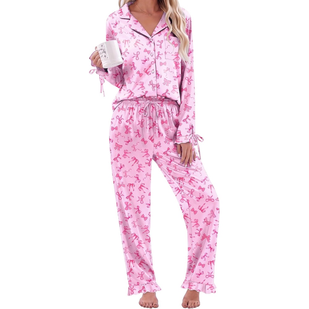image:imageEkouaer Satin Pajamas for Women Silky Long Sleeve Button Down Pajama SetsPink Bow