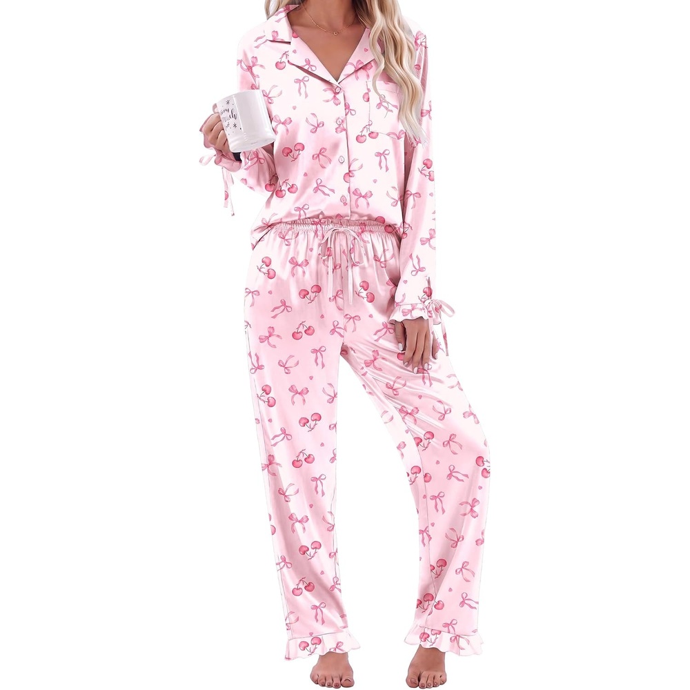image:imageEkouaer Satin Pajamas for Women Silky Long Sleeve Button Down Pajama SetsPink Bow Cherry