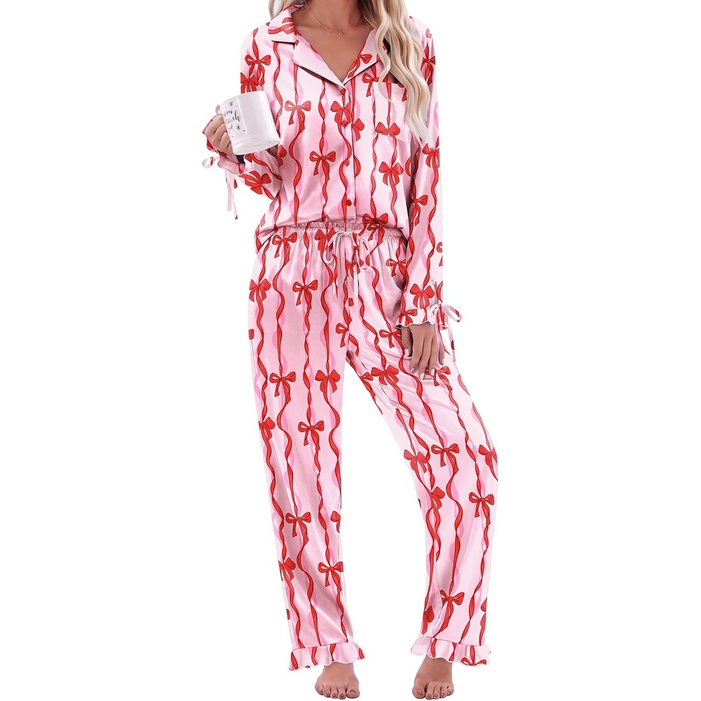 image:imageEkouaer Satin Pajamas for Women Silky Long Sleeve Button Down Pajama SetsRed Bow Stripe