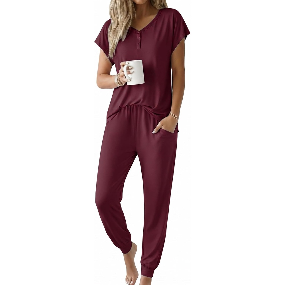 image:imageEkouaer Viscose from Bamboo Womens Pajama Sets Super Soft Short Sleeve Button Top and Pants Pj Sleepwear Sets SXXLDeep Red