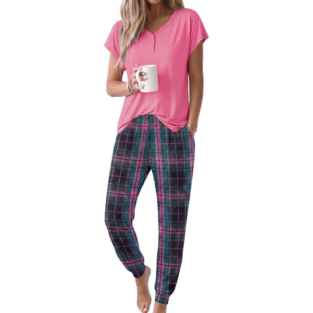 image:imageEkouaer Viscose from Bamboo Womens Pajama Sets Super Soft Short Sleeve Button Top and Pants Pj Sleepwear Sets SXXLPink Plaid