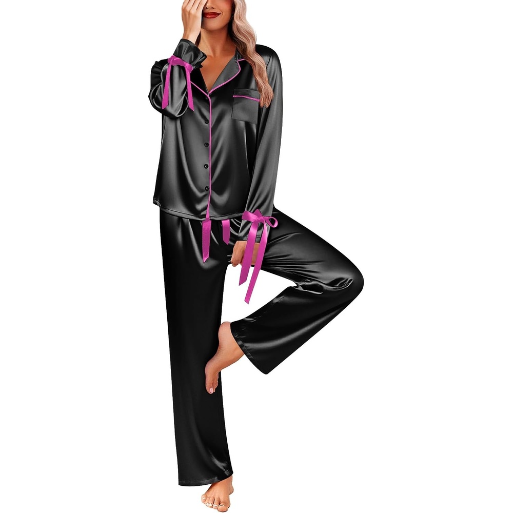 image:imageEkouaer Women Classic Button Down Long Satin Pajamas Set Cute Bow SleepwearBlack