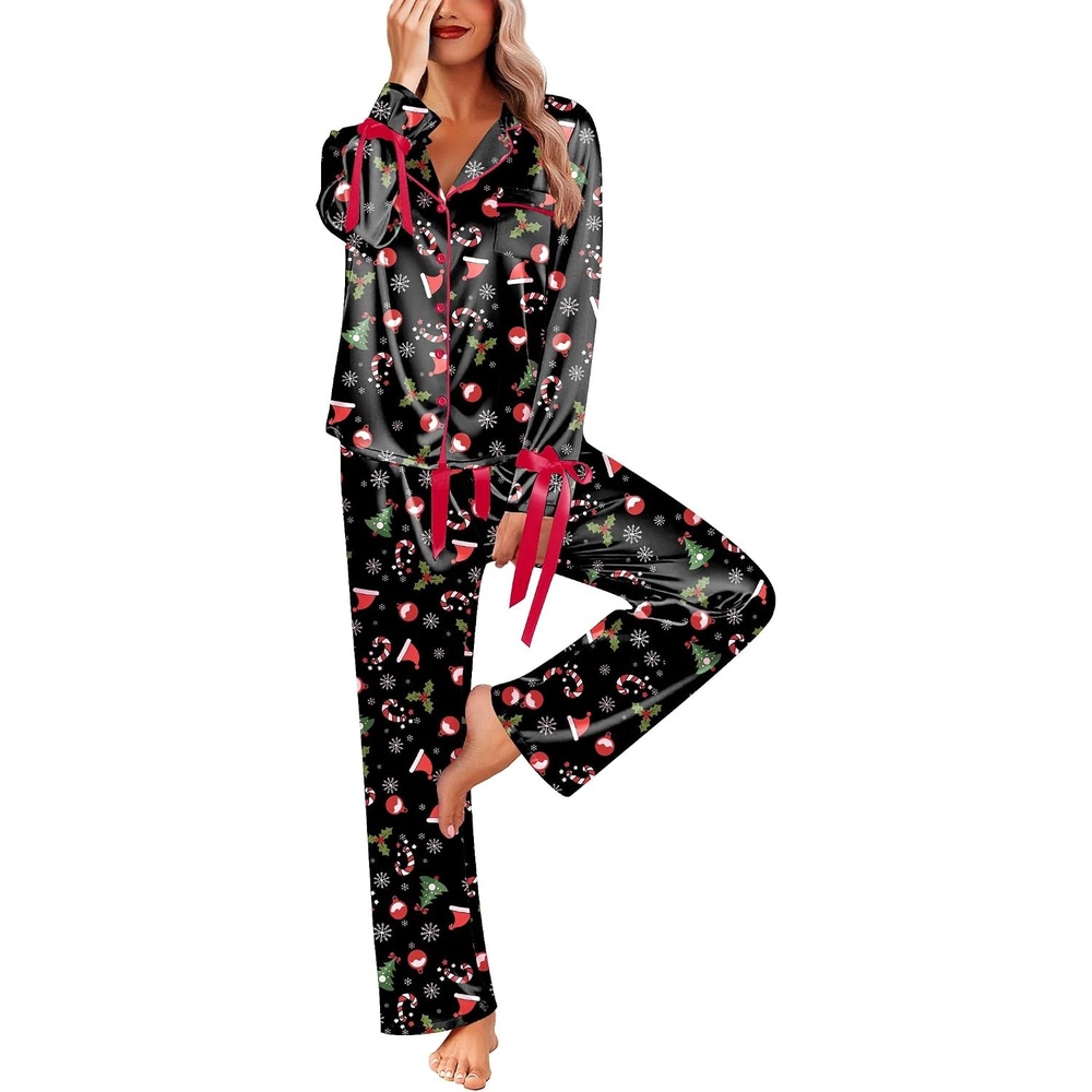 image:imageEkouaer Women Classic Button Down Long Satin Pajamas Set Cute Bow SleepwearChristmas Tree