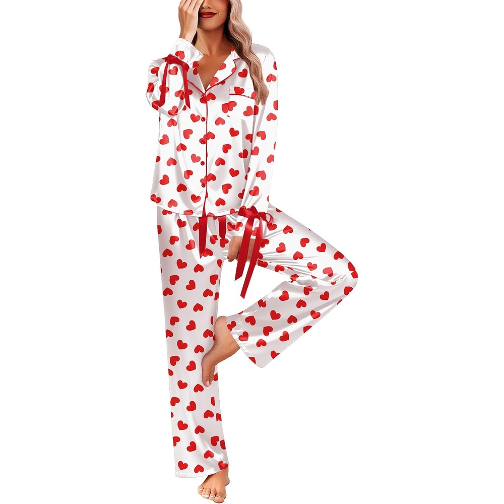 image:imageEkouaer Women Classic Button Down Long Satin Pajamas Set Cute Bow SleepwearRed Heart