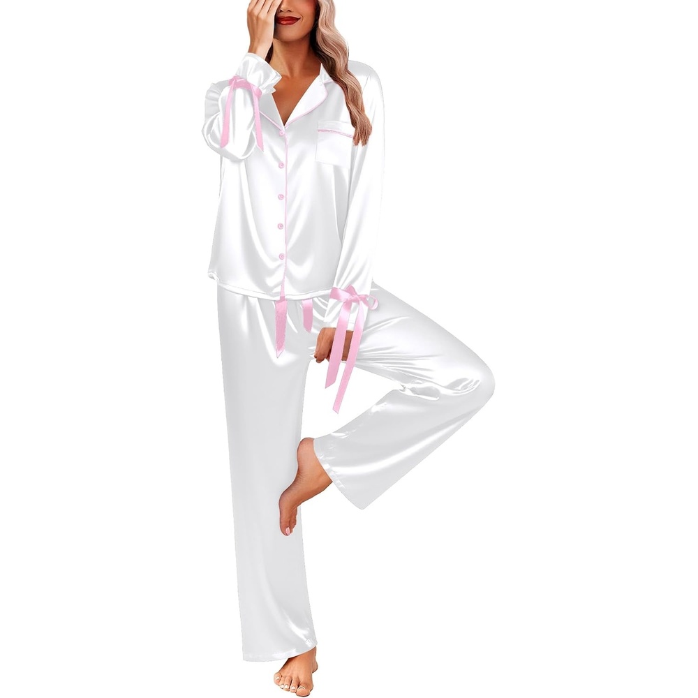 image:imageEkouaer Women Classic Button Down Long Satin Pajamas Set Cute Bow SleepwearWhite