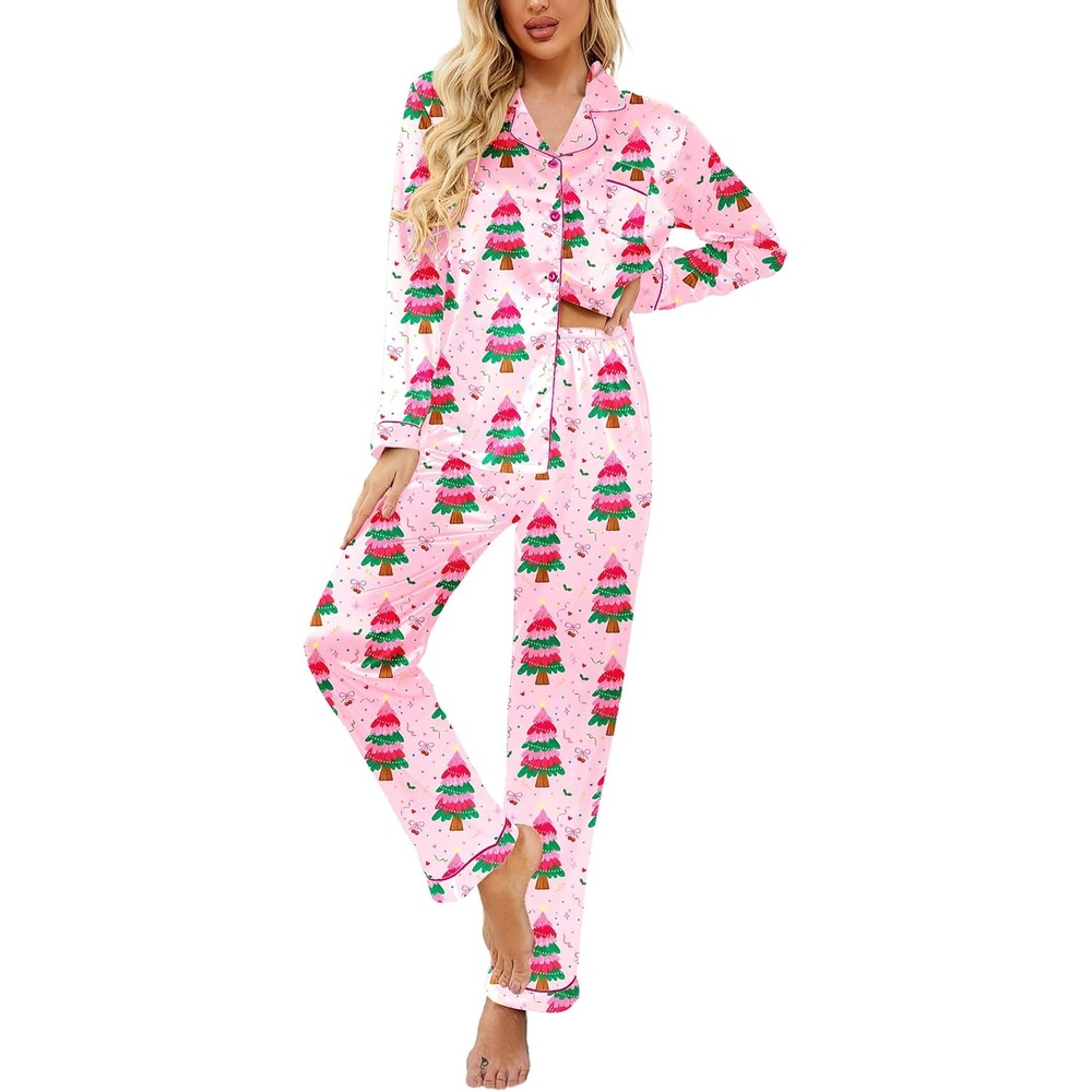 image:imageEkouaer Womens Classic Button Down Long Satin Silk Pajama SetPink Christmas Tree