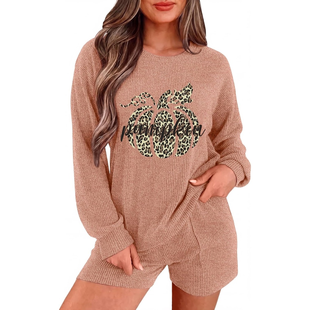 image:imageEkouaer Womens Pajama Sets Long Sleeve Top amp Shorts Matching Lounge SetCaramel Pumpkin