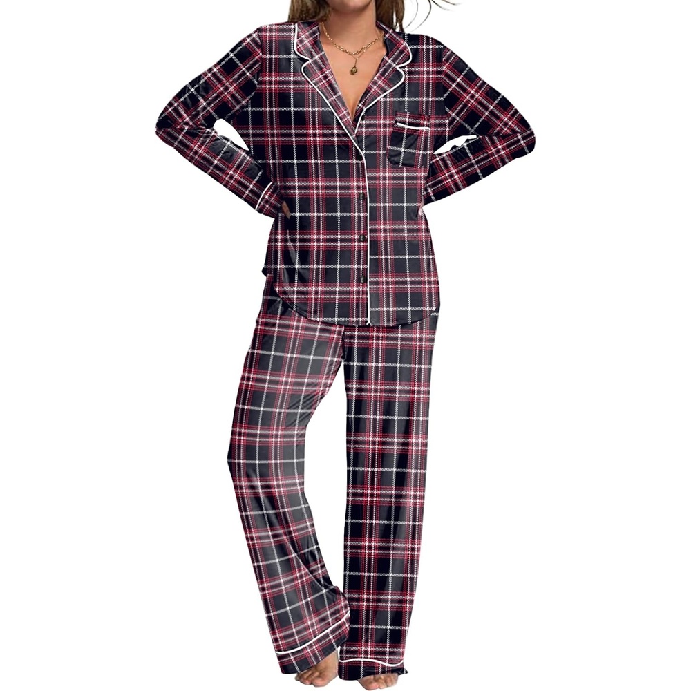 image:imageEkouaer Womens Pajamas Set Button Down Long Sleeve Top amp Pants Lounge SetsBblack Plaid