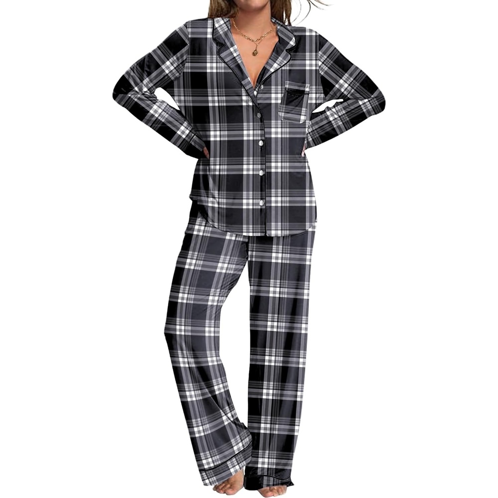 image:imageEkouaer Womens Pajamas Set Button Down Long Sleeve Top amp Pants Lounge SetsBgrey Plaid