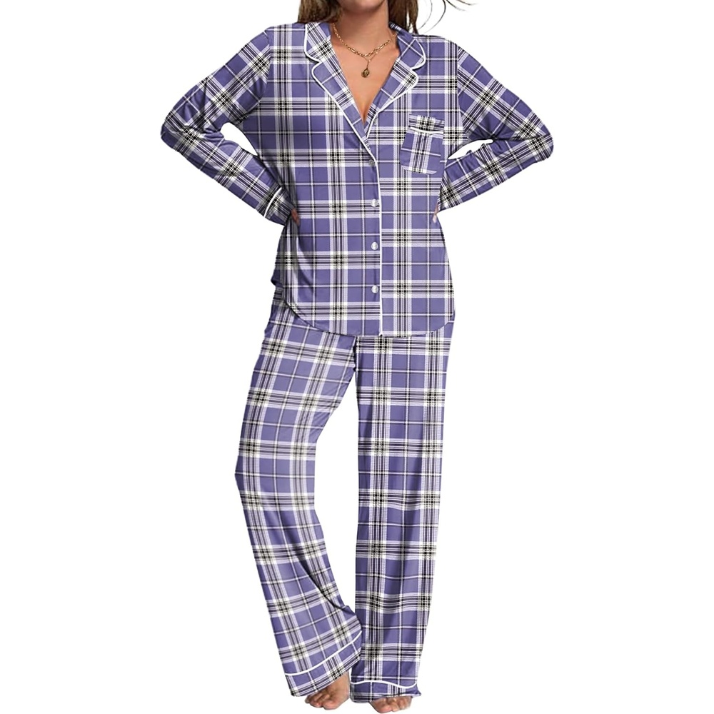 image:imageEkouaer Womens Pajamas Set Button Down Long Sleeve Top amp Pants Lounge SetsBpurple Plaid