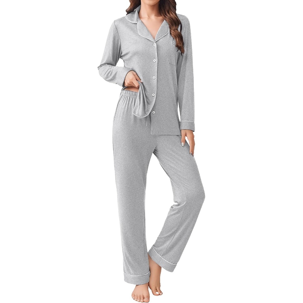 image:imageEkouaer Womens Pajamas Set Button Down Long Sleeve Top amp Pants Lounge SetsLight Grey