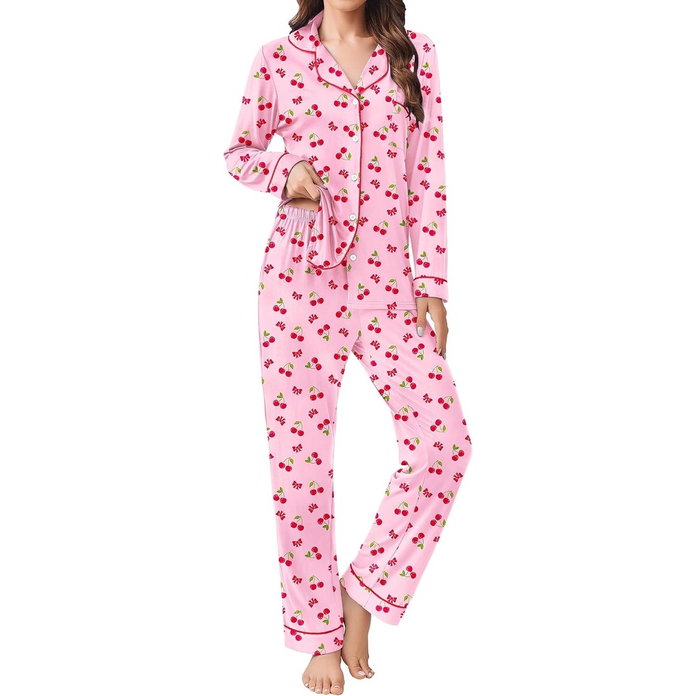 image:imageEkouaer Womens Pajamas Set Button Down Long Sleeve Top amp Pants Lounge SetsPink Cherry