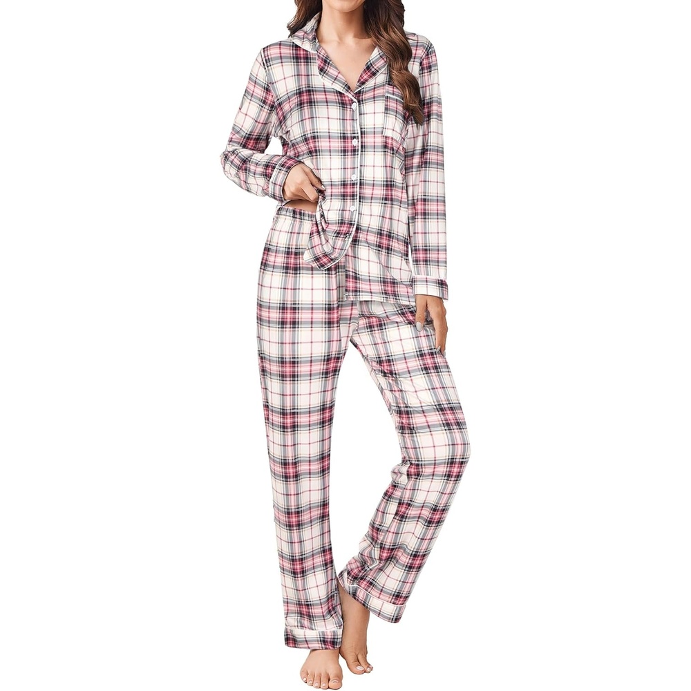 image:imageEkouaer Womens Pajamas Set Button Down Long Sleeve Top amp Pants Lounge SetsPink Plaid