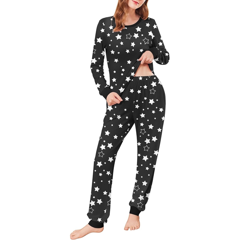 image:imageEkouaer Womens Pajamas Sets Long Sleeve Tops with Jogger PantsBlack Star