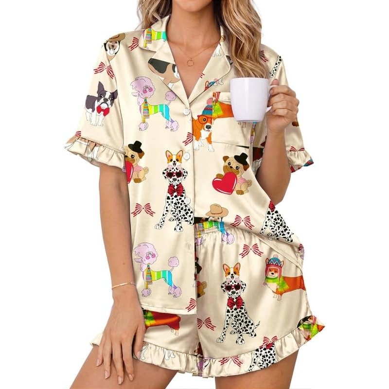 image:imageEkouaer Womens Satin Pajamas Set Button Up Silk Pjs Short Sleeve Shorts SetColored Puppy