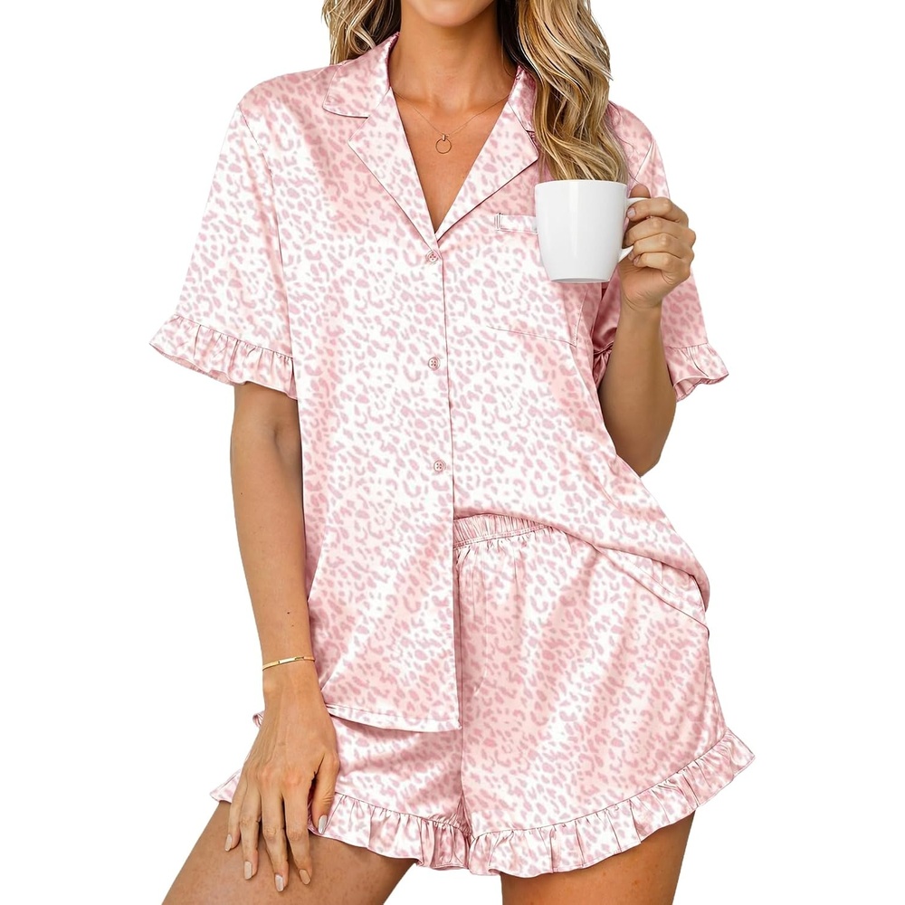 image:imageEkouaer Womens Satin Pajamas Set Button Up Silk Pjs Short Sleeve Shorts SetLight Pink Leopard