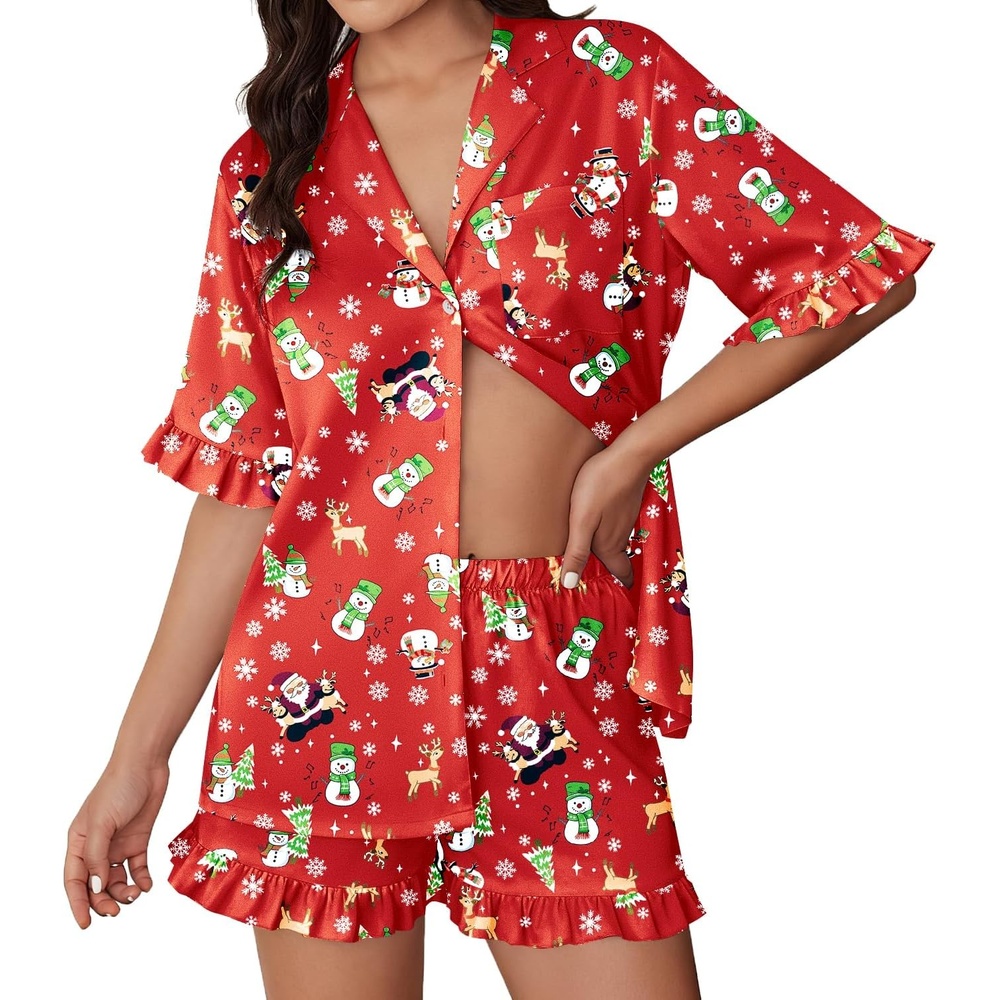 image:imageEkouaer Womens Satin Pajamas Set Button Up Silk Pjs Short Sleeve Shorts SetRed Christmas Snowman