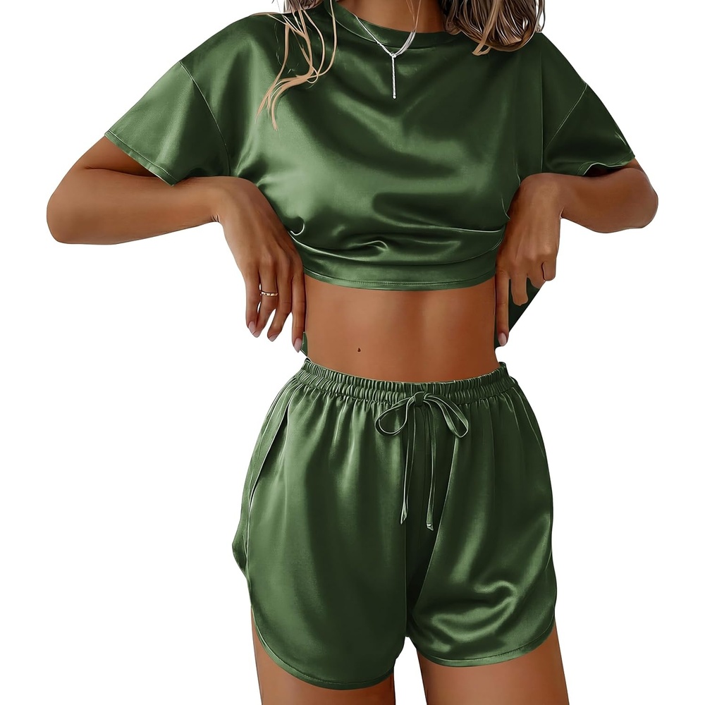 image:imageEkouaer Womens Silk Pajama Sets Side Split Shorts Satin Pjs Sexy Lounge SetArmy Green