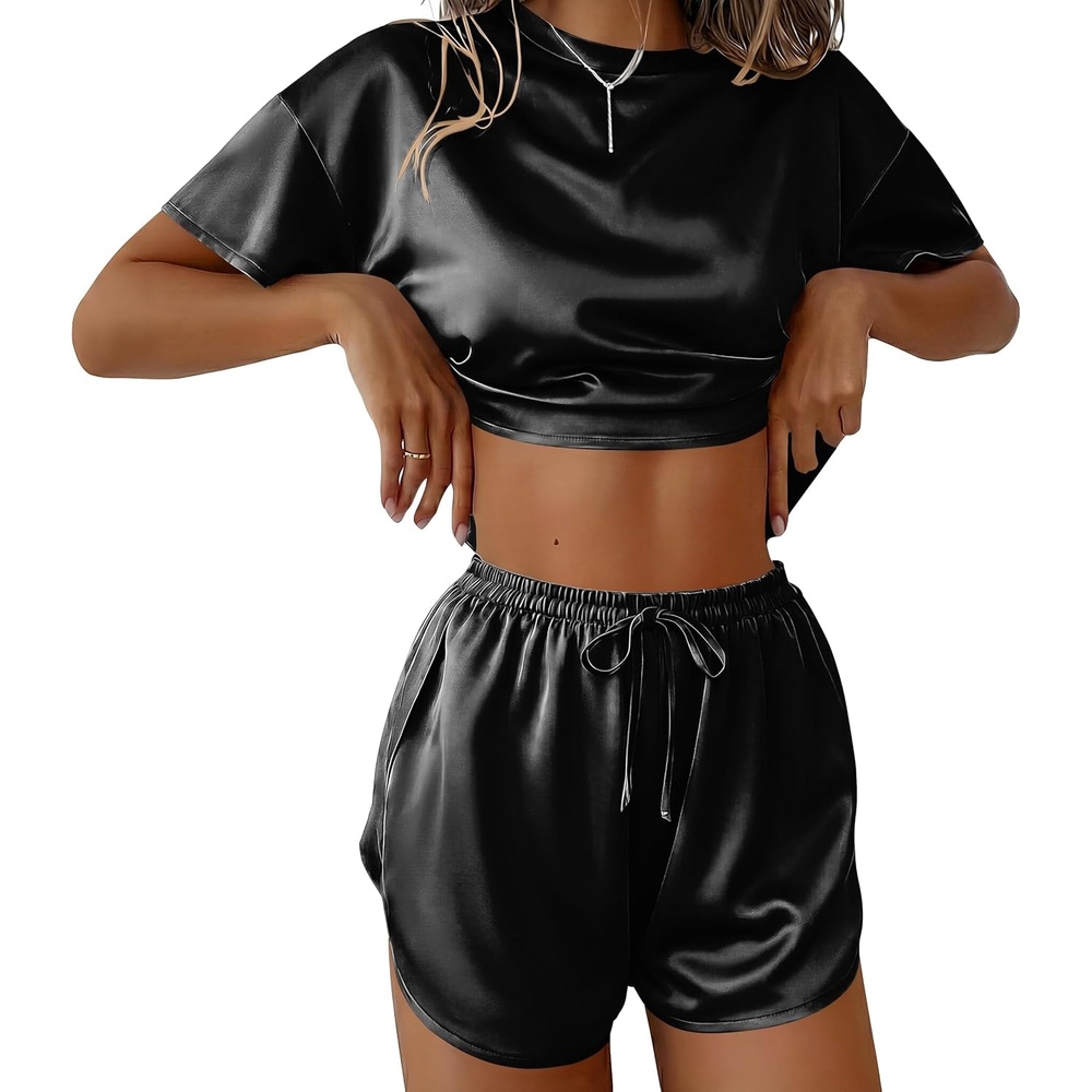 image:imageEkouaer Womens Silk Pajama Sets Side Split Shorts Satin Pjs Sexy Lounge SetBlack