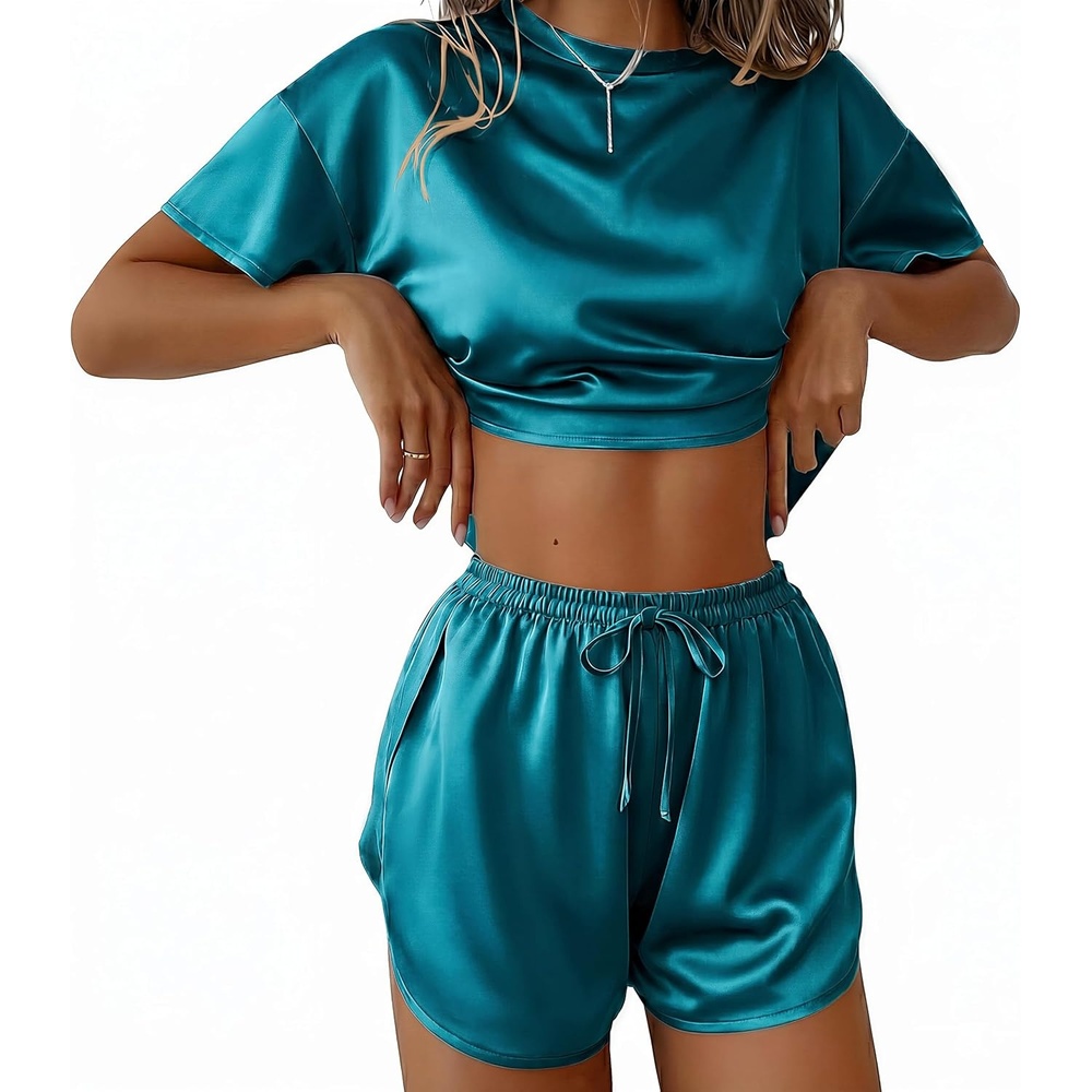 image:imageEkouaer Womens Silk Pajama Sets Side Split Shorts Satin Pjs Sexy Lounge SetBlue Green