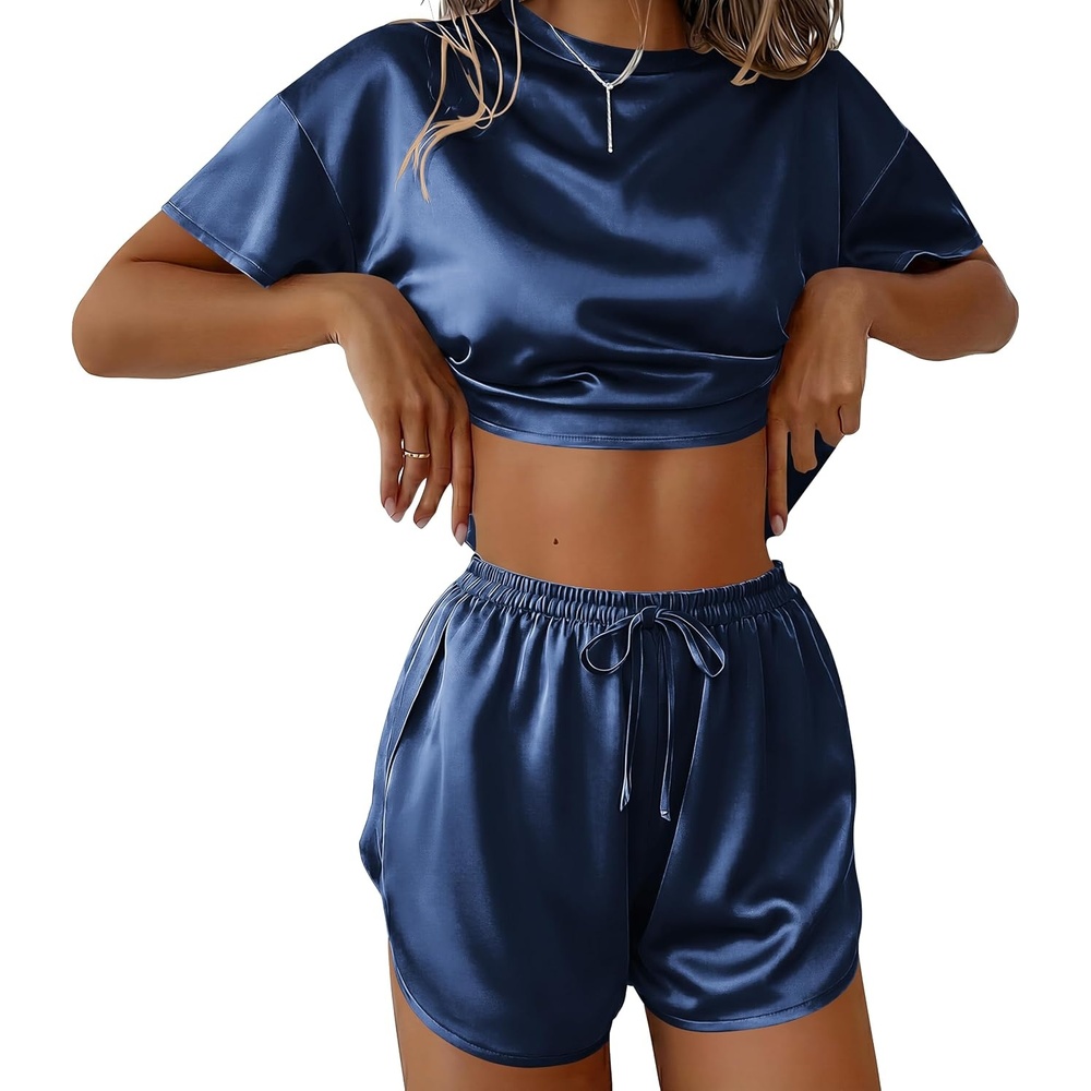 image:imageEkouaer Womens Silk Pajama Sets Side Split Shorts Satin Pjs Sexy Lounge SetNavy