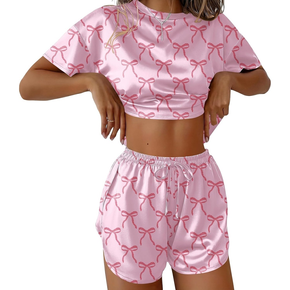 image:imageEkouaer Womens Silk Pajama Sets Side Split Shorts Satin Pjs Sexy Lounge SetPink Bow
